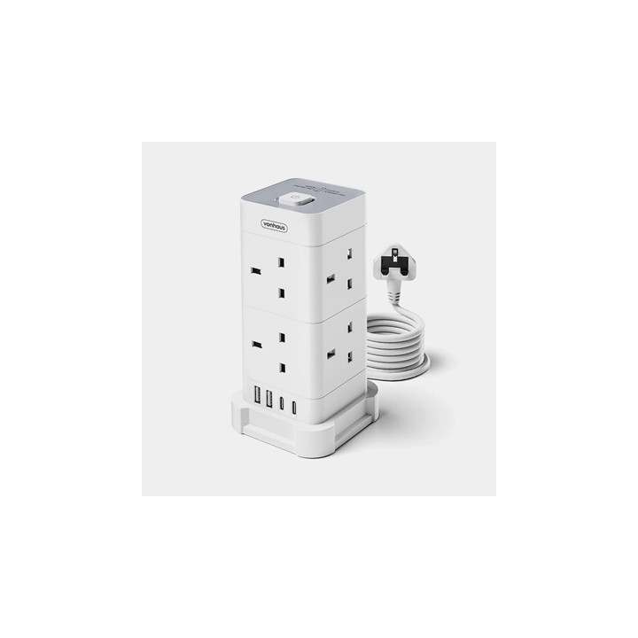 VonHaus Tower Extension Lead with USB  Power Surge Protection 2M Cable White  8 x UK Mains Sockets  Three-Pin 13A Plugs  Arrange