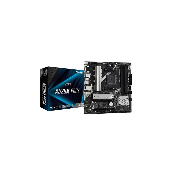 ASRock A520M PRO4 Super Alloy AMD AM4 Socket Motherboard  Micro-ATX  4x DDR4 Slots  1x M.2 Socket  GbE LAN  1x D-Sub / 1x Displa