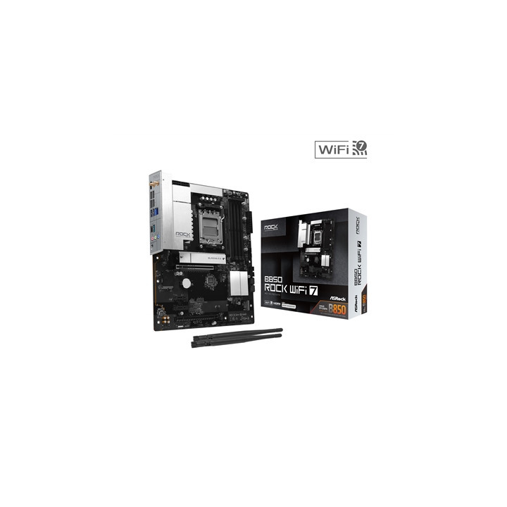 ASRock B850 Rock WiFi 7 AMD AM5 Socket Motherboard  ATX  4x DDR5 Slots  2x M.2 Sockets  Fitted I/O Shield  2.5GbE LAN  Wi-Fi 7  