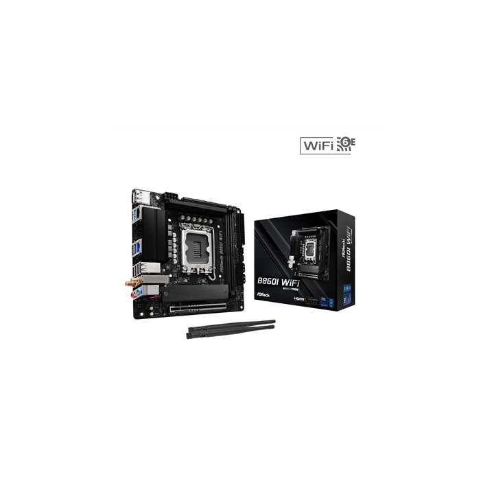 ASRock B860I WiFi Intel 1851 Socket Motherboard  Mini-ITX  2x DDR5 Slots  2x M.2 Sockets  2.5GbE + 1GbE LAN  Wi-Fi 6E  1x Displa