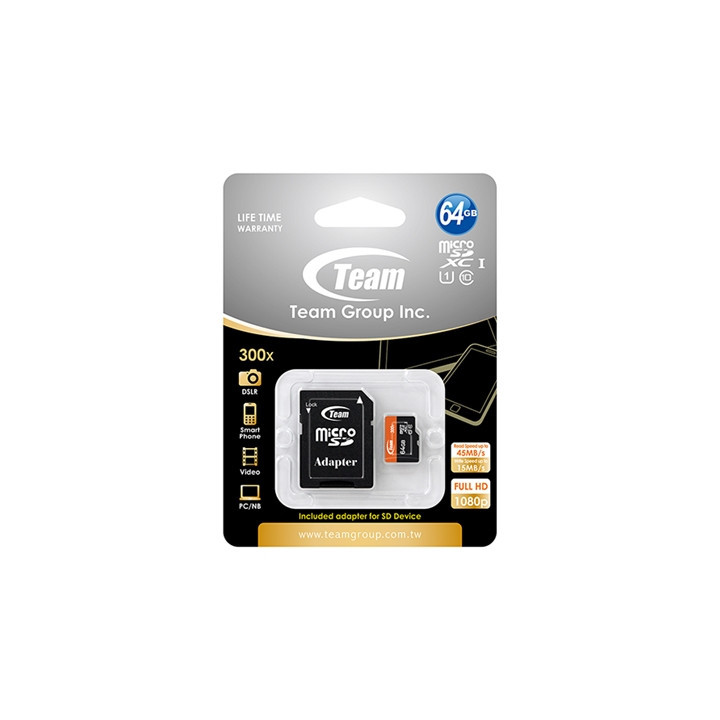 Team 64GB Micro SDXC UHS-1 Class 10 Flash Card with Adapter