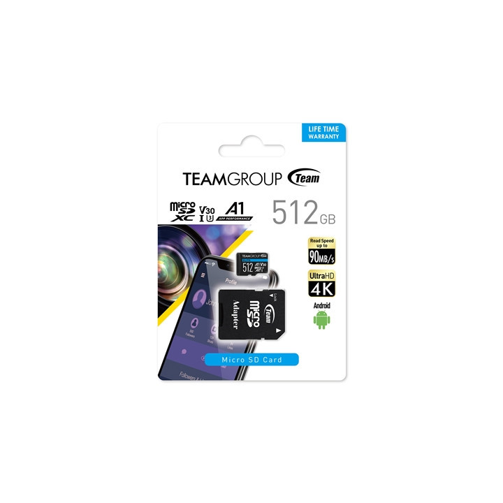 Team Elite A1 512GB Micro SDXC UHS-1 Flash Card with Adapter (for Android & 4K)