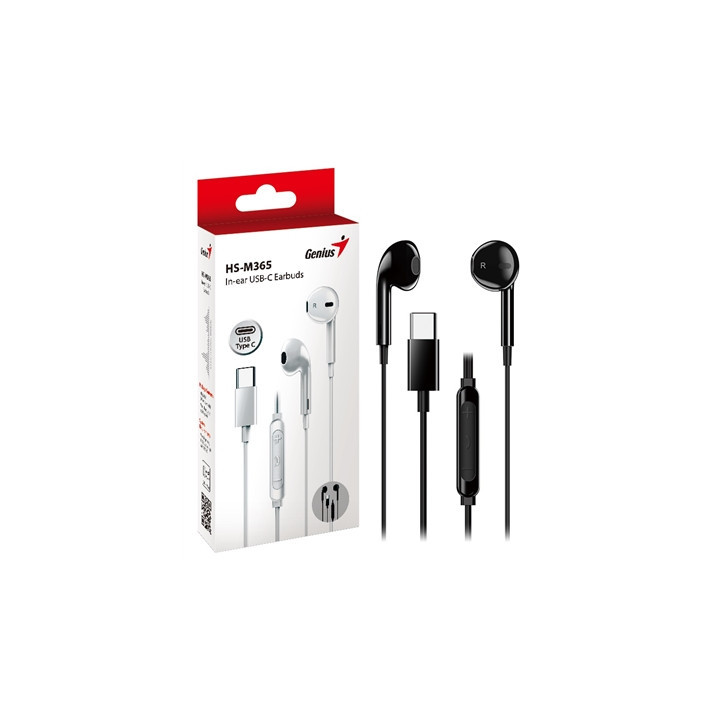 Genius HS-M365B USB-C In-Ear Wired Earbuds with In-Line Microphone and Volume Controls Black