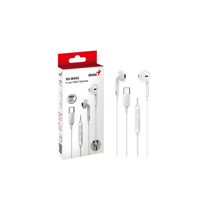 Genius HS-M365W USB-C In-Ear Wired Earbuds with In Line Microphone and Volume Controls White