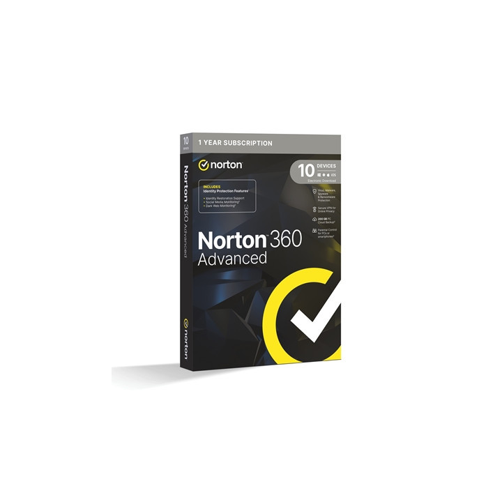 Norton 360 Advanced  Antivirus Software for 10 Devices  1-year Subscription  Includes Secure VPN  Dark Web Monitoring and Passwo