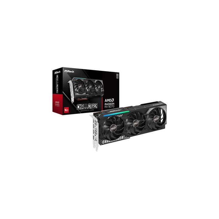 ASRock AMD Radeon RX 9070 Challenger OC 16GB GDDR6 Graphics Card  3584 Streams  2520 MHz Boost Clock  Triple Fan  RGB  3x Displa
