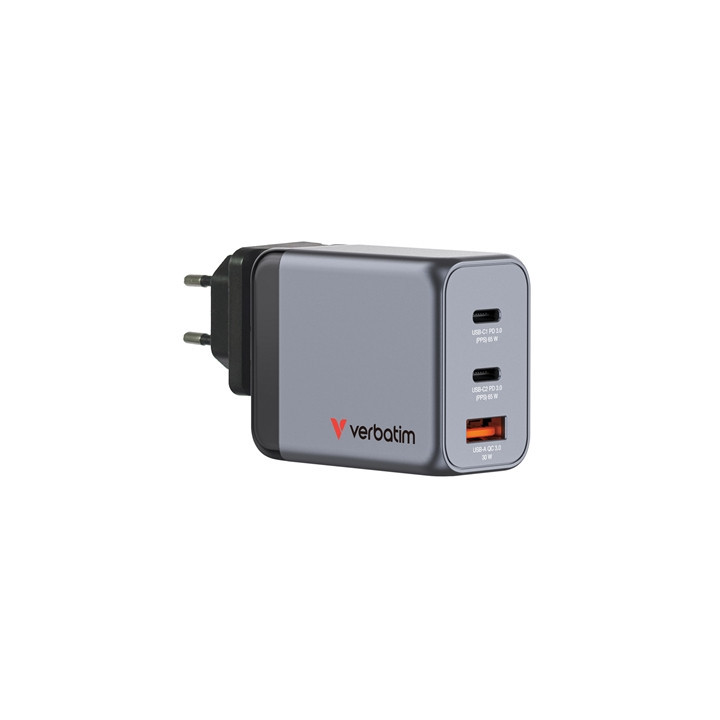 Verbatim GNC-65 GaN Charger 65W with 2 x USB-C PD 65W / 1 x USB-A QC 3.0 (EU/UK/US)