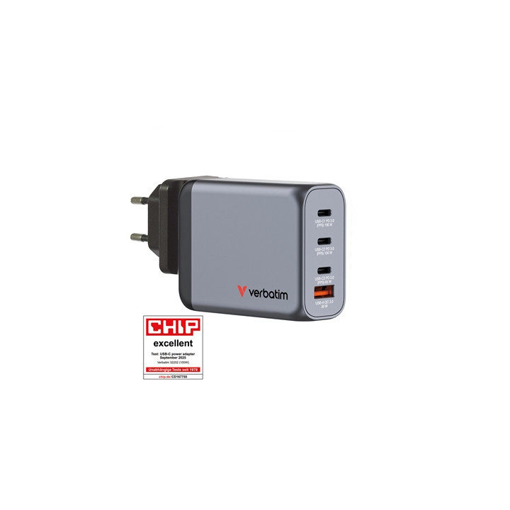 Verbatim GNC-100 GaN Charger 100W with 2 x USB-C PD 100W / 1 x USB-C PD 65W / 1 x USB-A QC 3.0 (EU/UK/US)