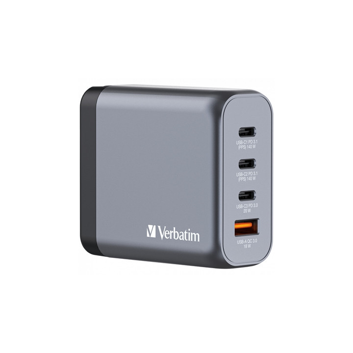 Verbatim GNC-140 GaN Charger 140W with 2 x USB-C PD 140W / 1 x USB-C PD 20W / 1 x USB-A QC 3.0 (EU/UK/US)